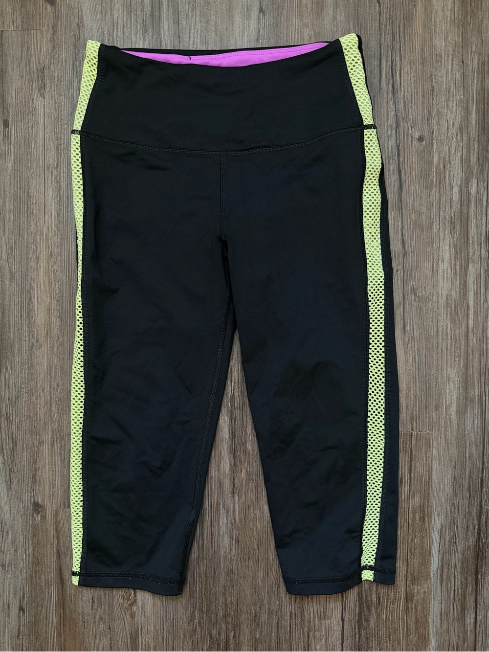 Black Capri Leggings with Neon Yellow Side Mesh